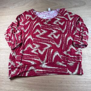 Chico’s 3 Red Tan Ikat Print Top Ruched Sleeves Rayon Blouse Women’s XL